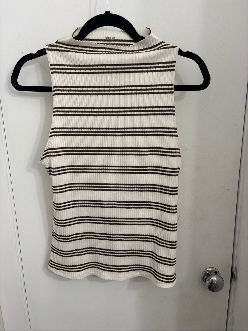 Maeve Ribbed Mock Neck Stripe Tank - White & Brown